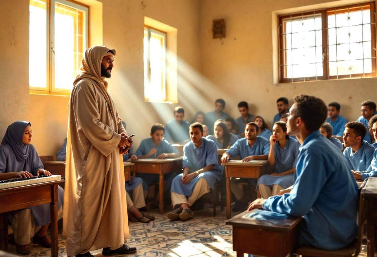 A Moroccan teacher in a flowing beige djellaba leading lanky fourteen-to-seventeen-year-olds in blue cotton uniforms thr