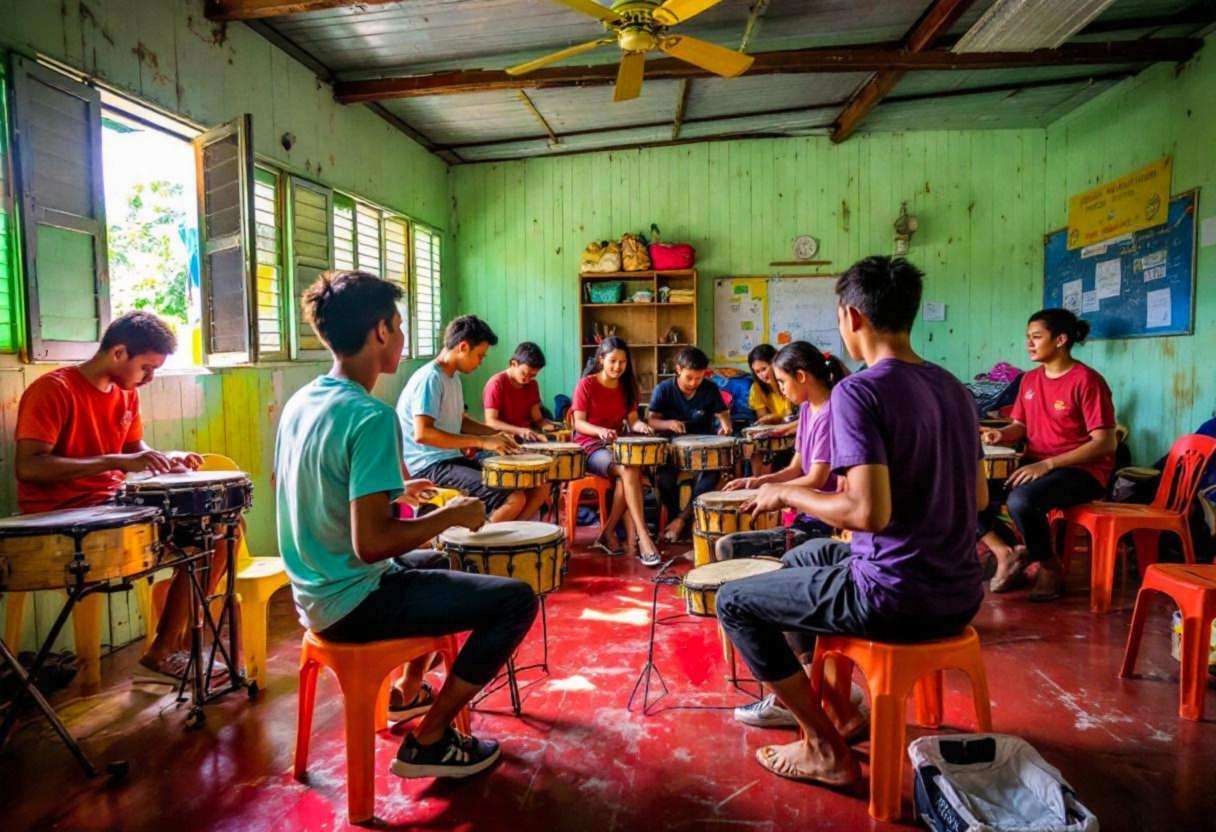 Lanky teenagers ages 14 to 17 in colorful cotton t-shirts and dark trousers exploring rhythm with makeshift percussion i