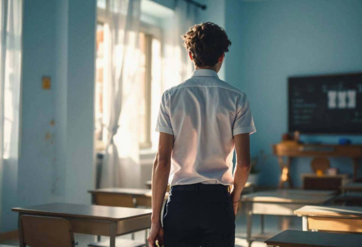 One lanky sixteen-year-old in a white cotton button-down shirt and dark trousers holding a small percussion instrument