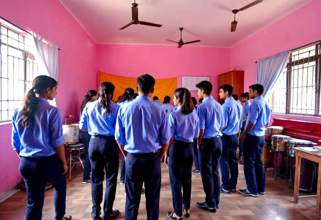 Lanky fourteen to seventeen-year-old students in blue button-down uniform shirts and navy trousers participating in musi