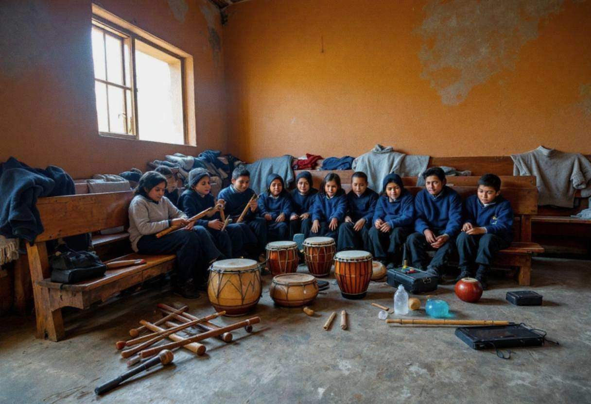 Musical instruments scattered across a scuffed concrete floor in a Peruvian highland schoolroom with warm ochre adobe wa