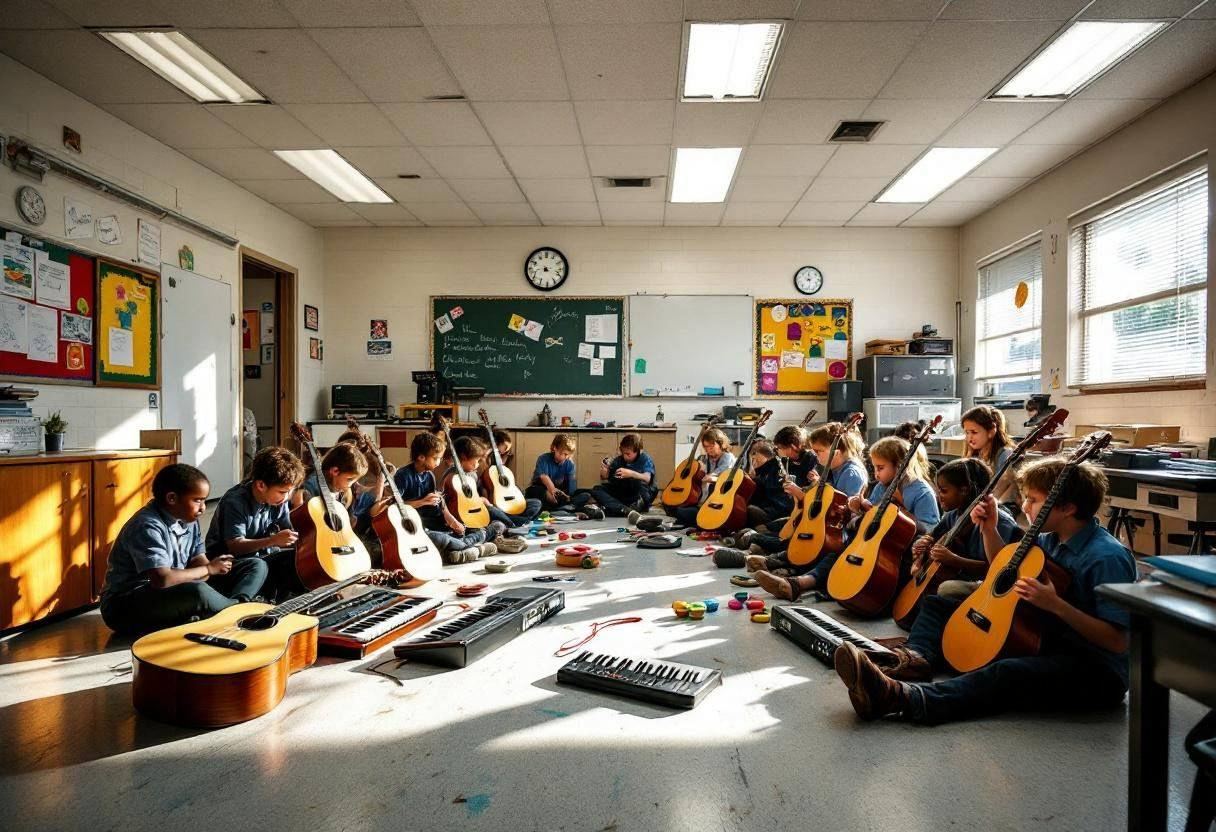 Various musical instruments scattered across a scuffed vinyl tile classroom floor including acoustic guitars