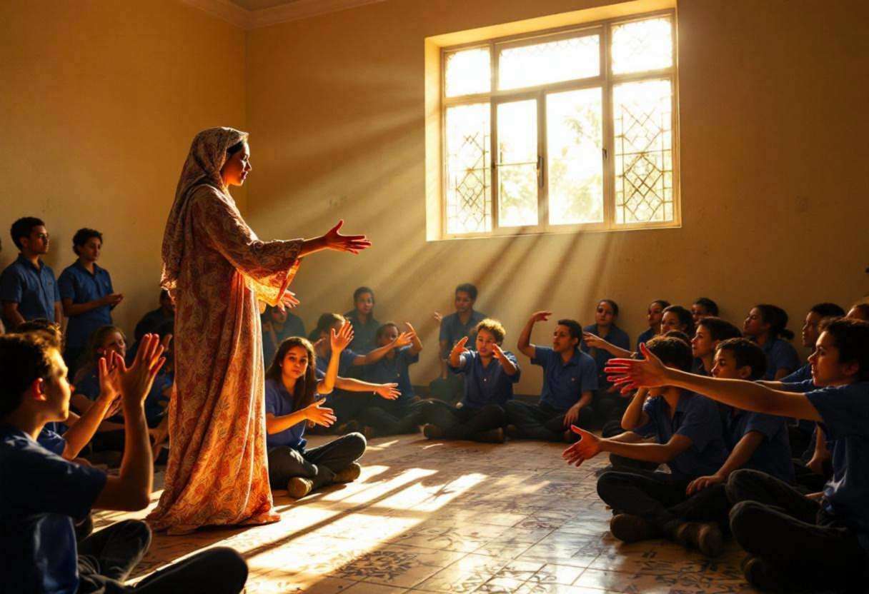 A Moroccan teacher in a flowing kaftan leading preteens ages 10 to 13 in blue cotton shirts and dark trousers through ex