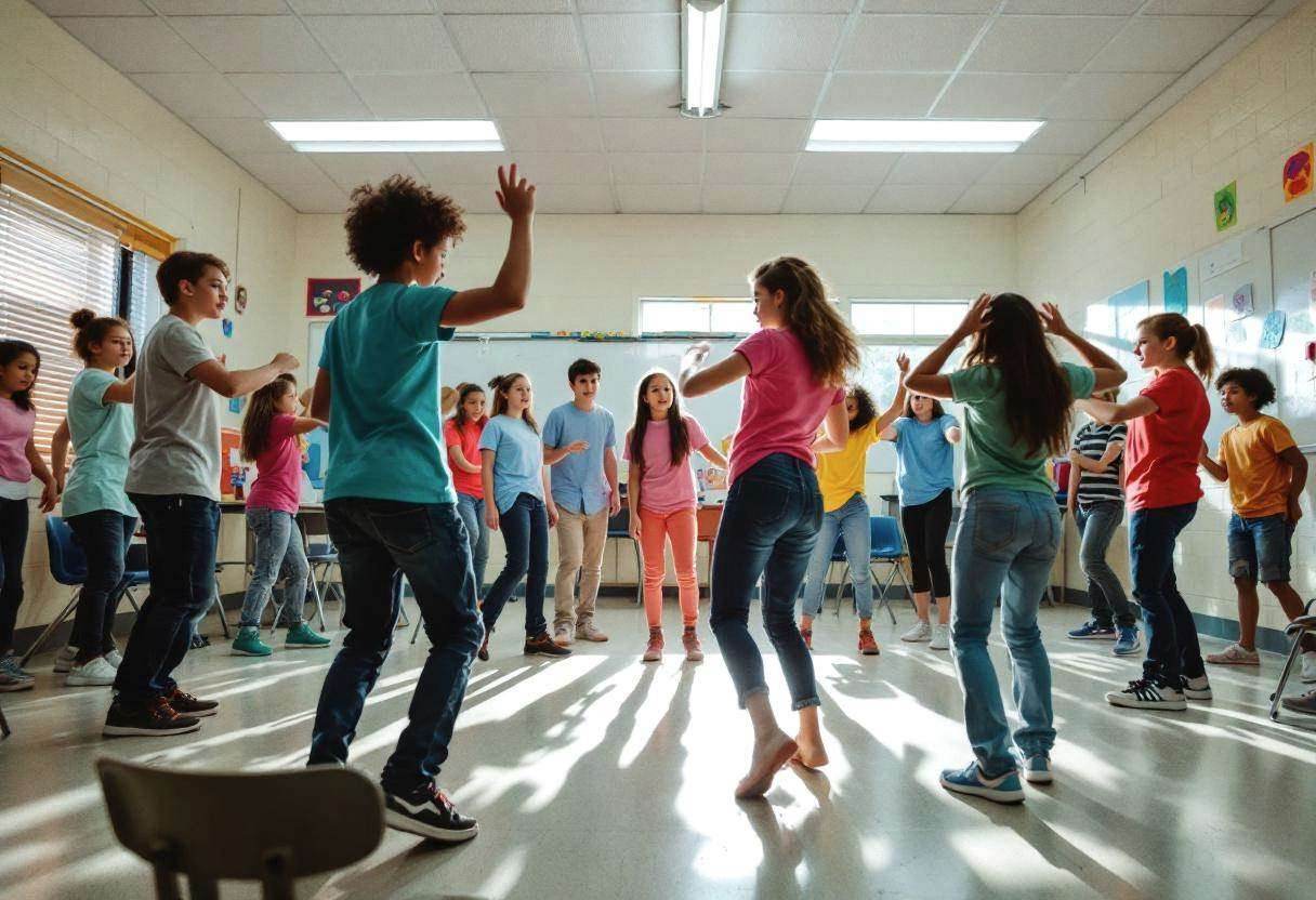 Preteens ages 10 to 13 in colorful t-shirts and jeans moving expressively through interpretive dance gestures in a modes