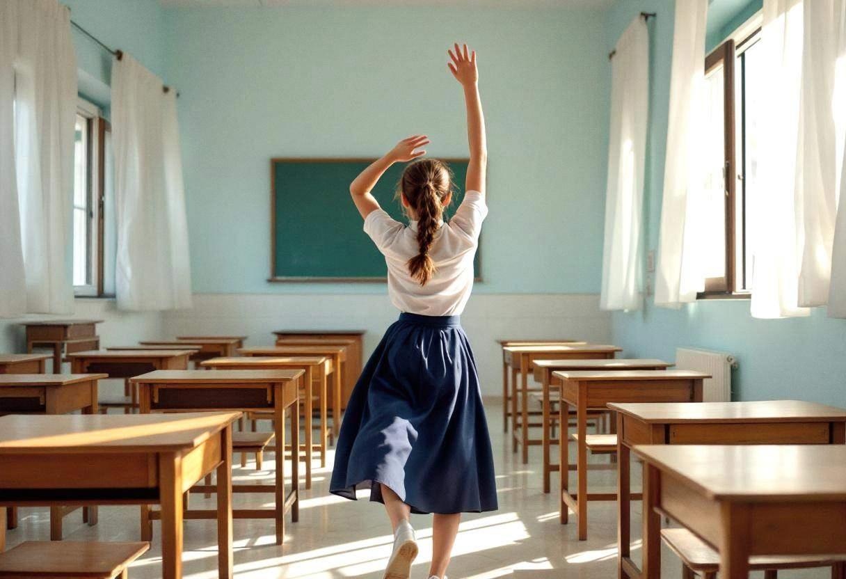 One preteen girl around age 11 in a white cotton blouse and navy blue school skirt performing expressive dance movements