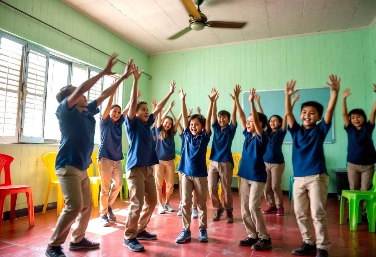 Ten to twelve-year-old Filipino preteens in navy blue polo shirts and khaki trousers moving in synchronized dance format