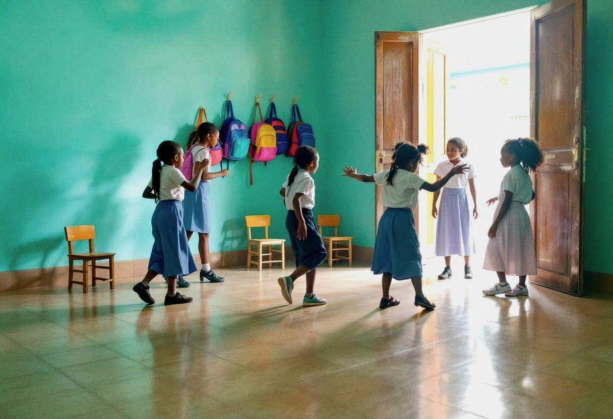 Empty corner of a Haitian classroom with vivid turquoise walls and shiny beige ceramic tile floor