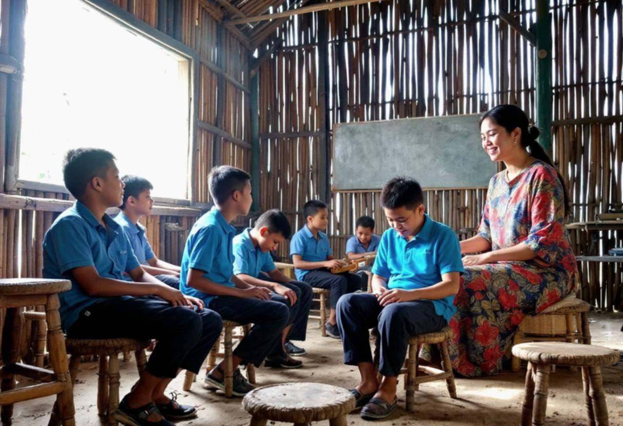 Indonesian teacher in traditional batik blouse and long skirt leading ten to thirteen-year-old preteens in blue cotton p