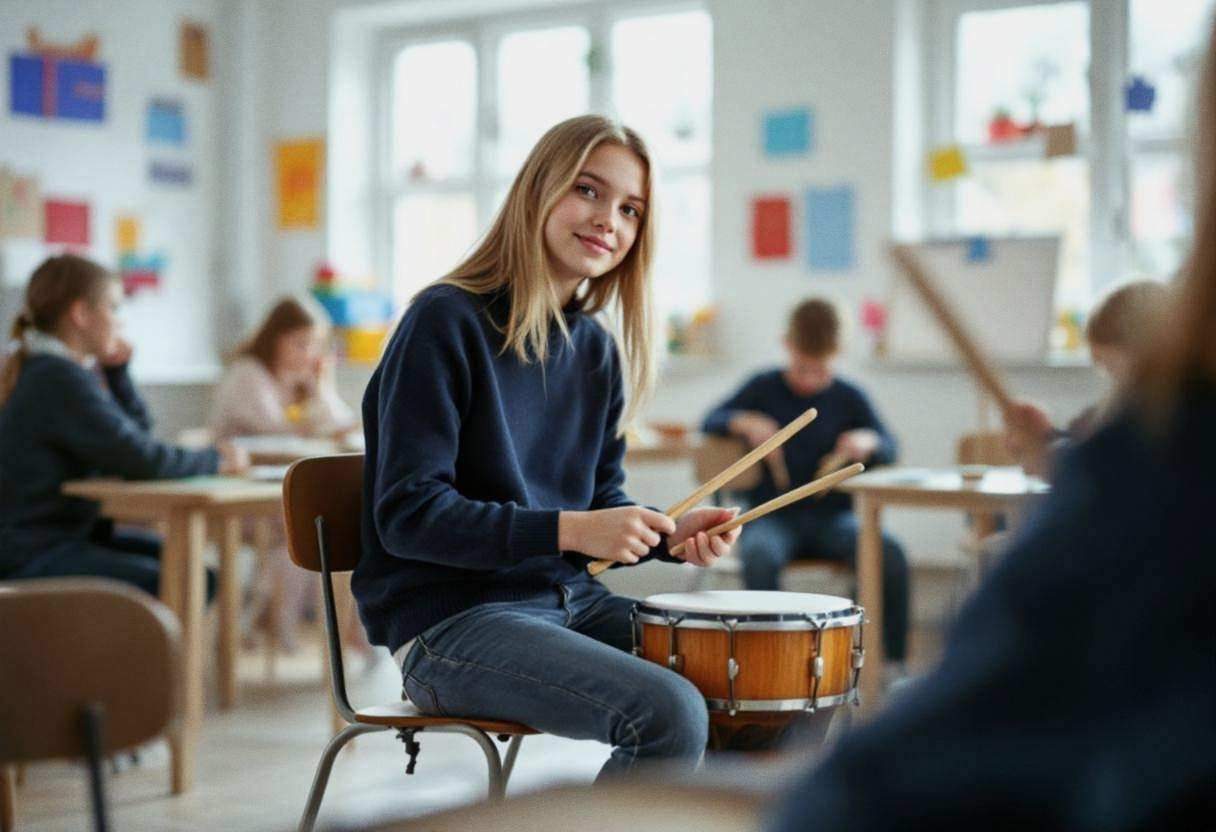 One preteen girl with shoulder-length blonde hair in a navy sweater and dark jeans