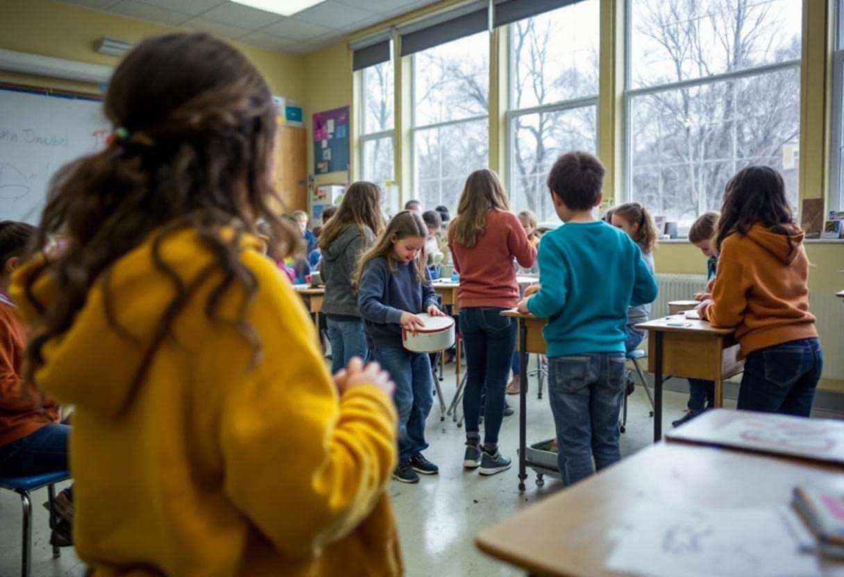 Ten to thirteen-year-old preteens in colorful sweaters and jeans creating rhythmic percussion patterns using homemade sh