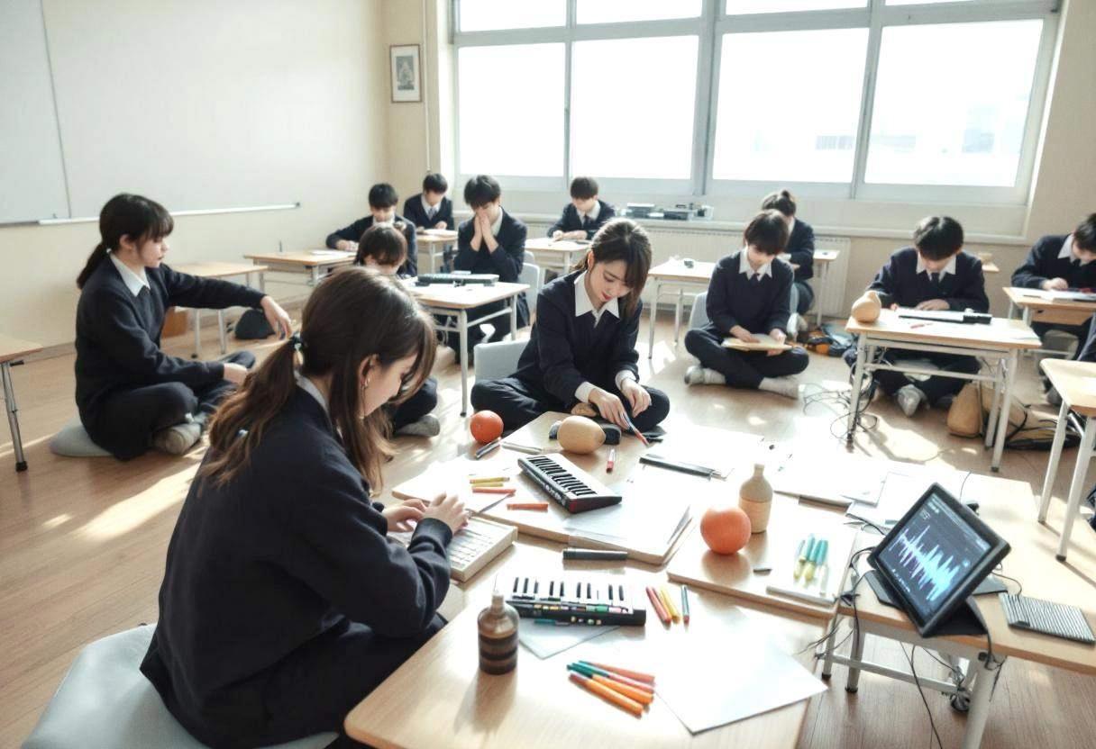 Musical instruments and recording equipment scattered on light wood flooring in a Japanese public-school classroom with 