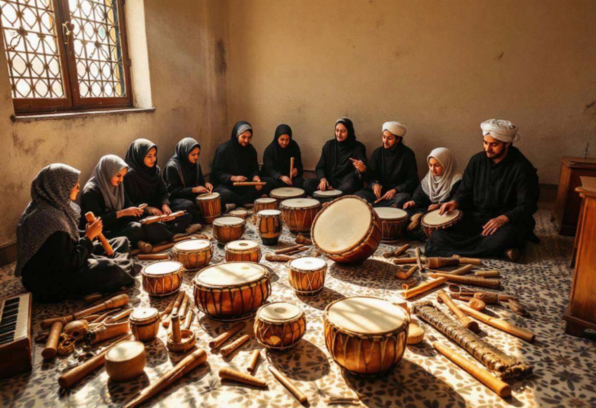 Musical instruments scattered across a patterned tile floor in a Moroccan village classroom with cream stucco walls