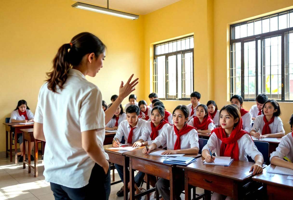 A Vietnamese teacher in a white blouse and dark trousers seen from behind gesturing to lanky teenagers ages 14 to 17 in 