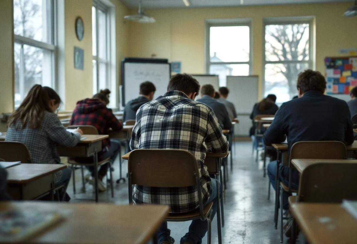 Lanky fourteen-to-seventeen-year-old high school students in flannel shirts and jeans hunched over notebooks writing hai