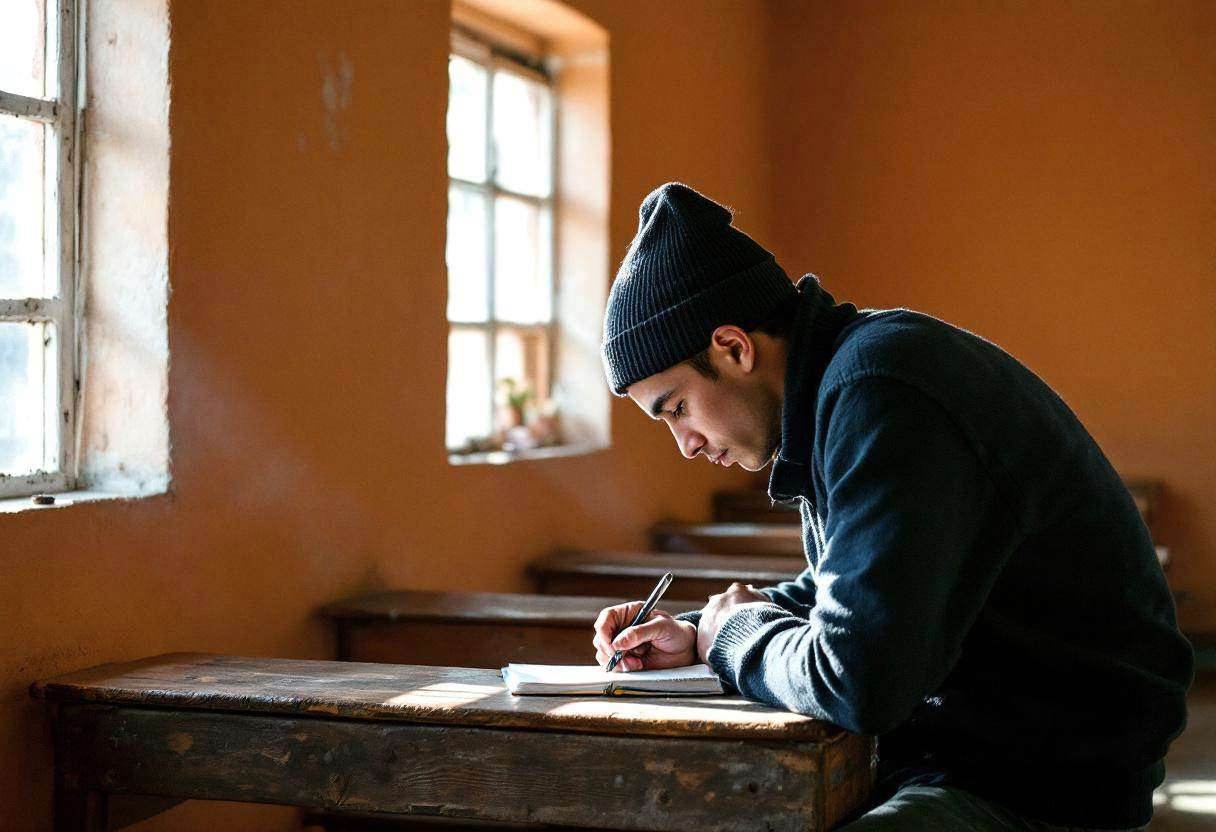 One lanky sixteen-year-old in a thick navy wool sweater and knit cap bent over a notebook writing