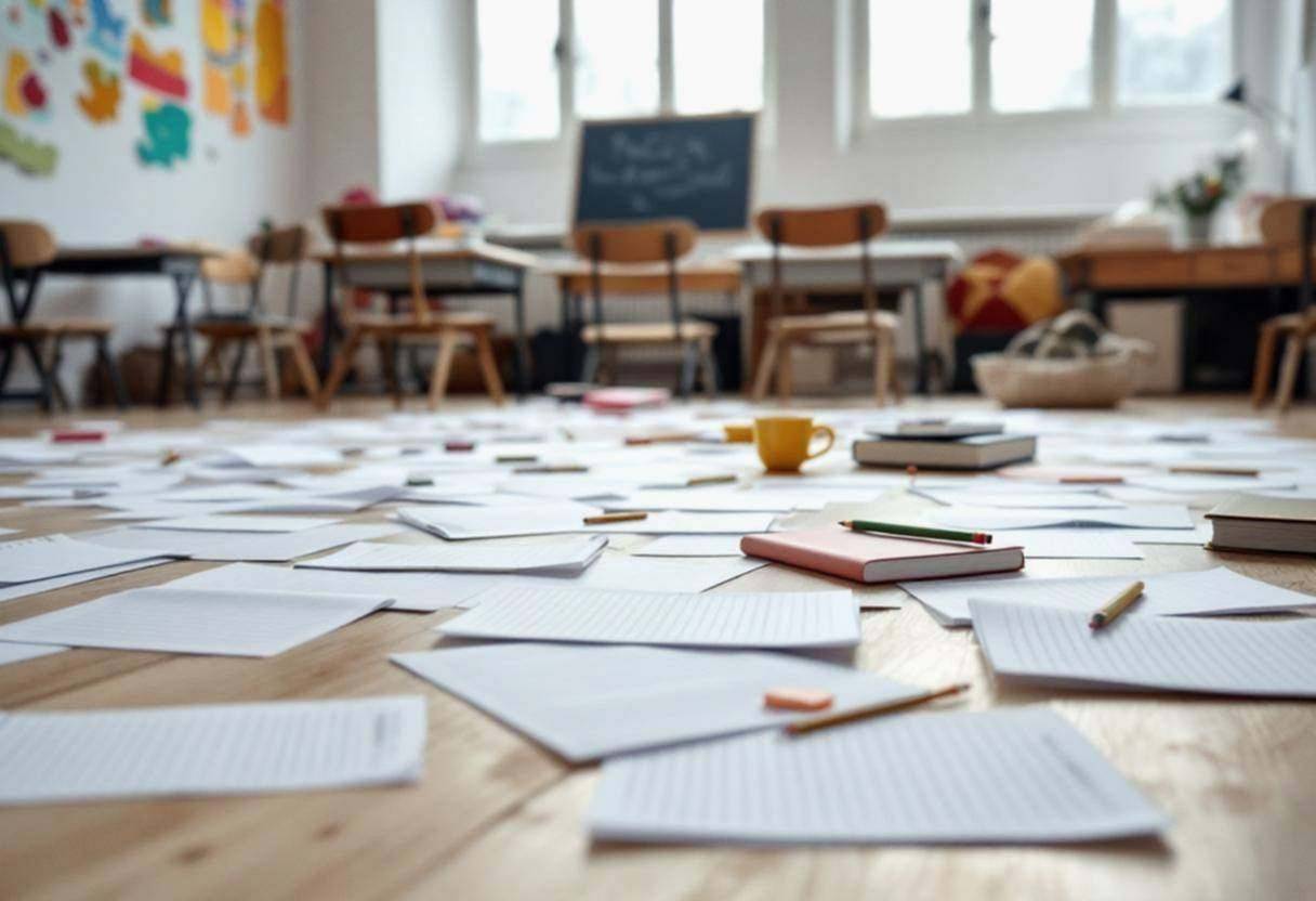 Sheets of lined notebook paper scattered across a pale birch classroom floor with pencils