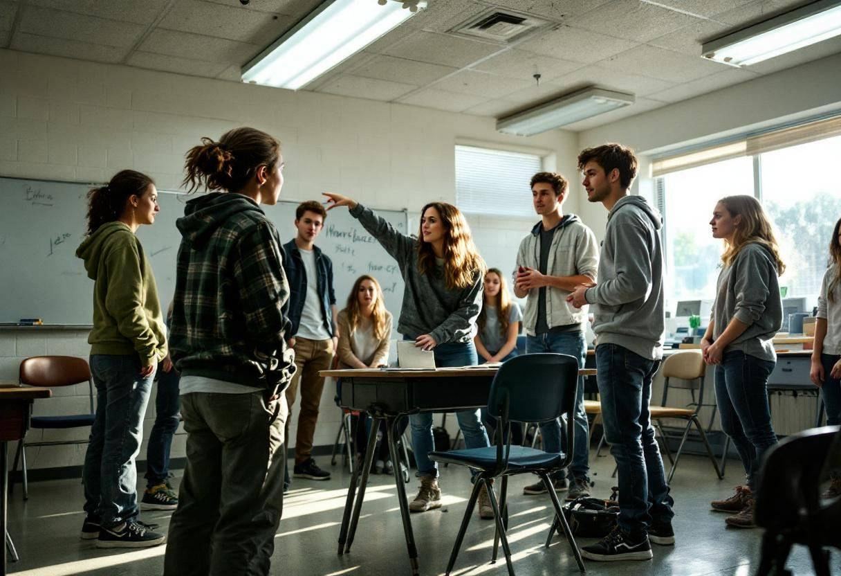 Lanky teenagers ages 14 to 17 in casual jeans and hoodies gathered around their teacher in a patterned blouse leading a 