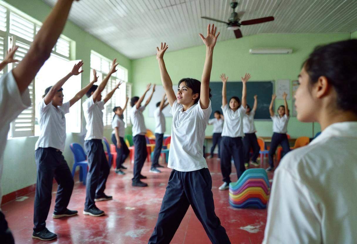 Lanky teenagers ages 14 to 17 in white polo uniform shirts and navy trousers practicing expressive movement exercises mi