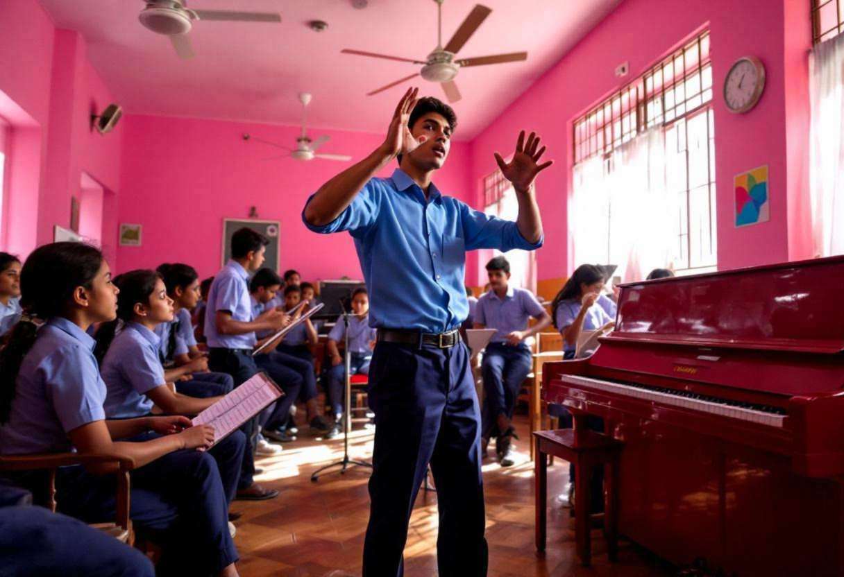 One lanky sixteen-year-old in blue button-down uniform shirt and navy trousers practicing expressive movement gestures w