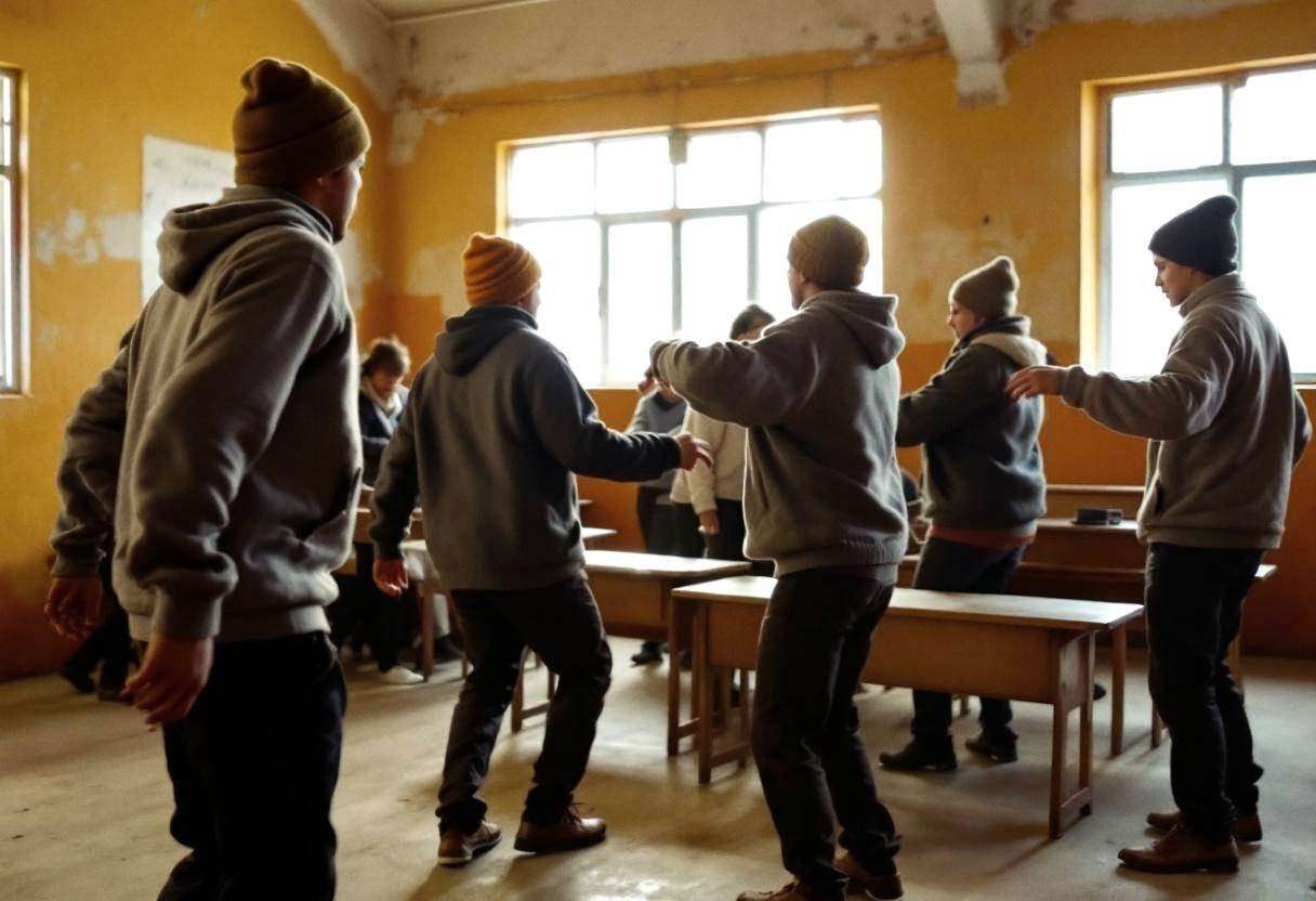 Lanky teenagers ages 14 to 17 in thick wool sweaters and knit caps moving expressively through dance movements