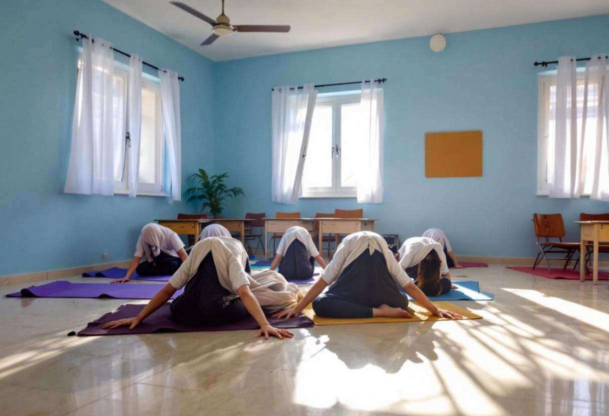 Movement mats and fabric scarves scattered across cream marble-tile floor in a Greek island classroom with pale blue pai