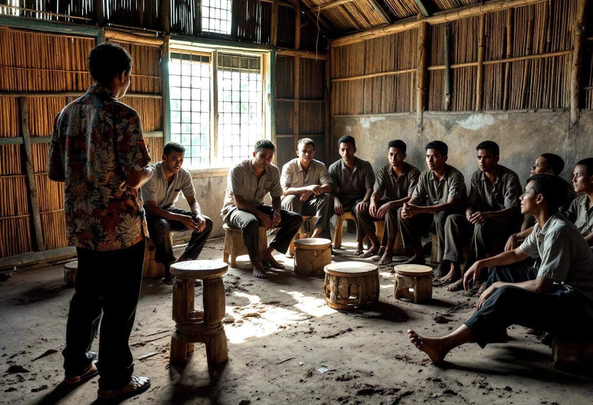 Indonesian teacher in batik blouse and dark trousers from behind leading lanky teenagers ages 14-17 in simple cotton shi