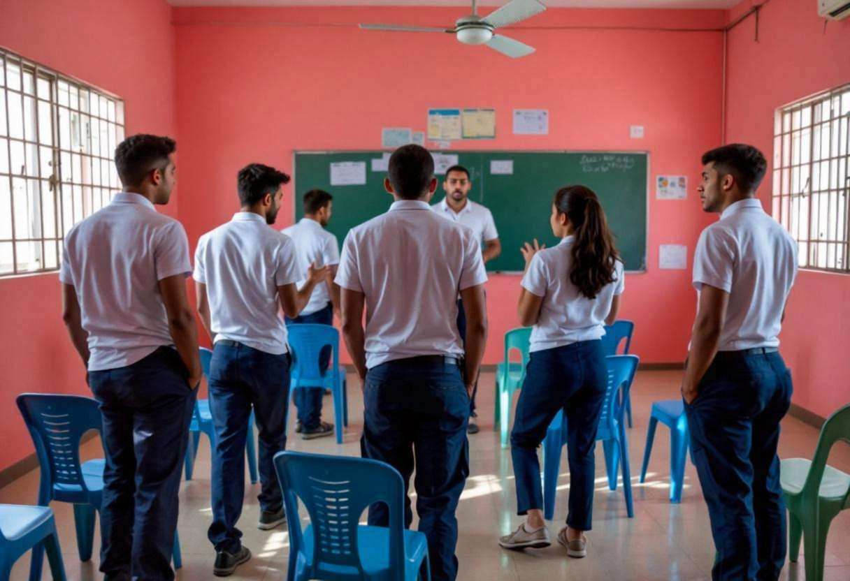 Lanky teenagers ages 14 to 17 in white polo shirts and navy trousers performing dramatic scenes about workplace conditio