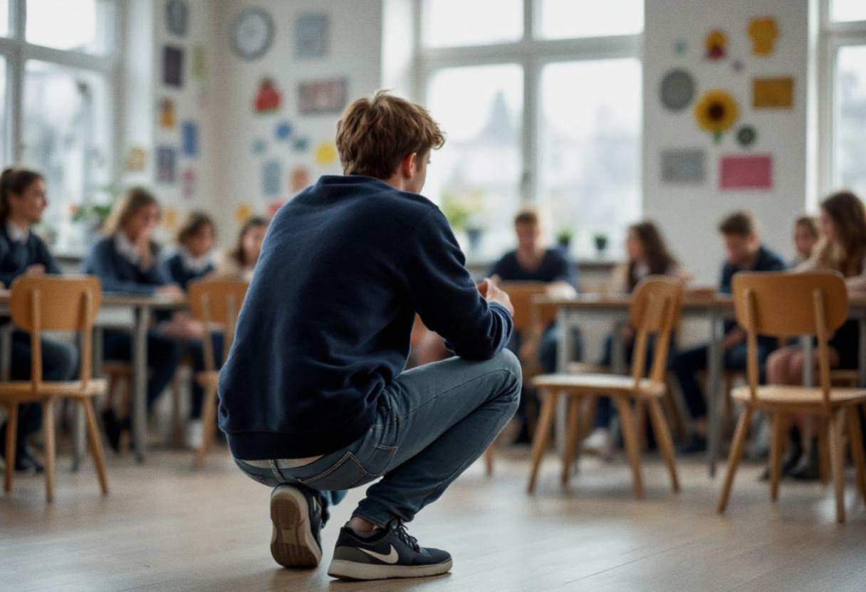 Lanky fifteen-year-old in navy wool sweater and dark jeans crouched mid-gesture during drama exercise