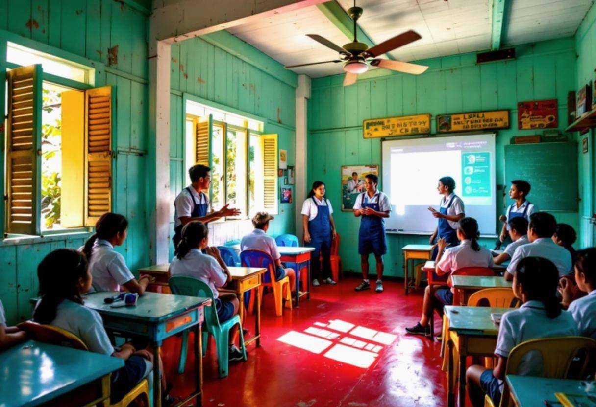 Lanky fourteen to seventeen-year-olds in blue and white school uniforms performing dramatic scenes about work and indust