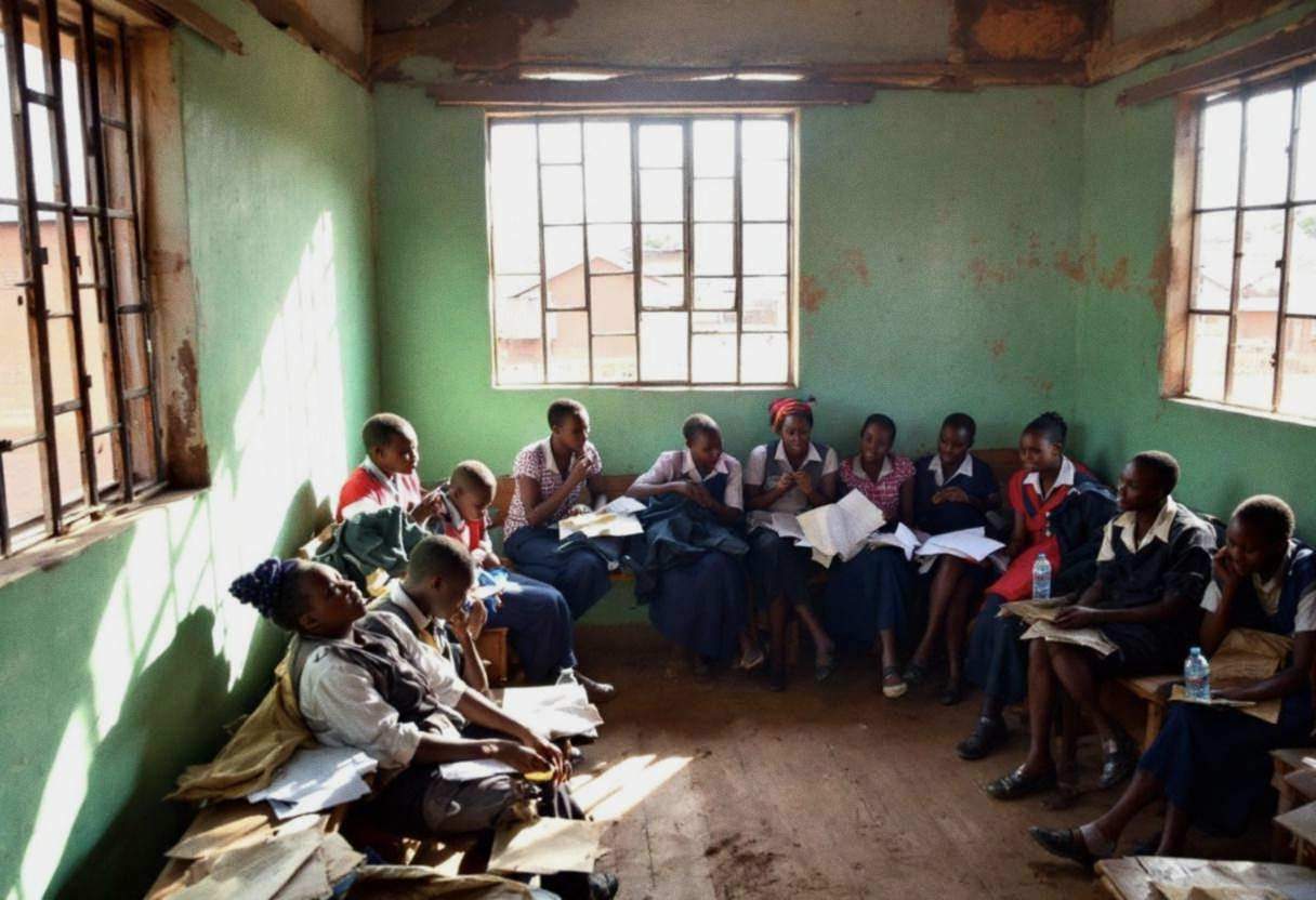 Corner of a Kenyan village classroom with drama props scattered on wooden benches