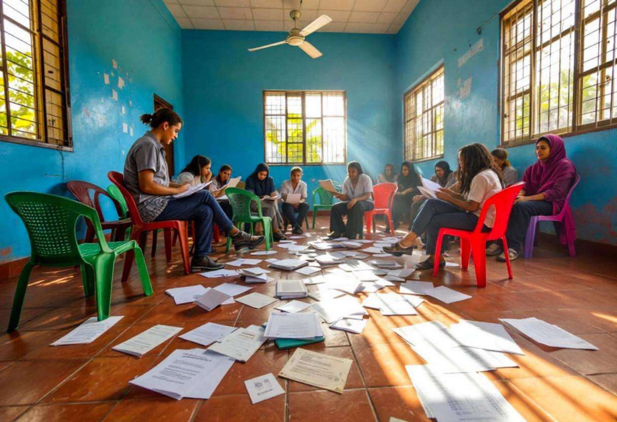 Drama scripts and prop materials scattered across a terracotta tile floor in a Dominican Republic high school classroom 