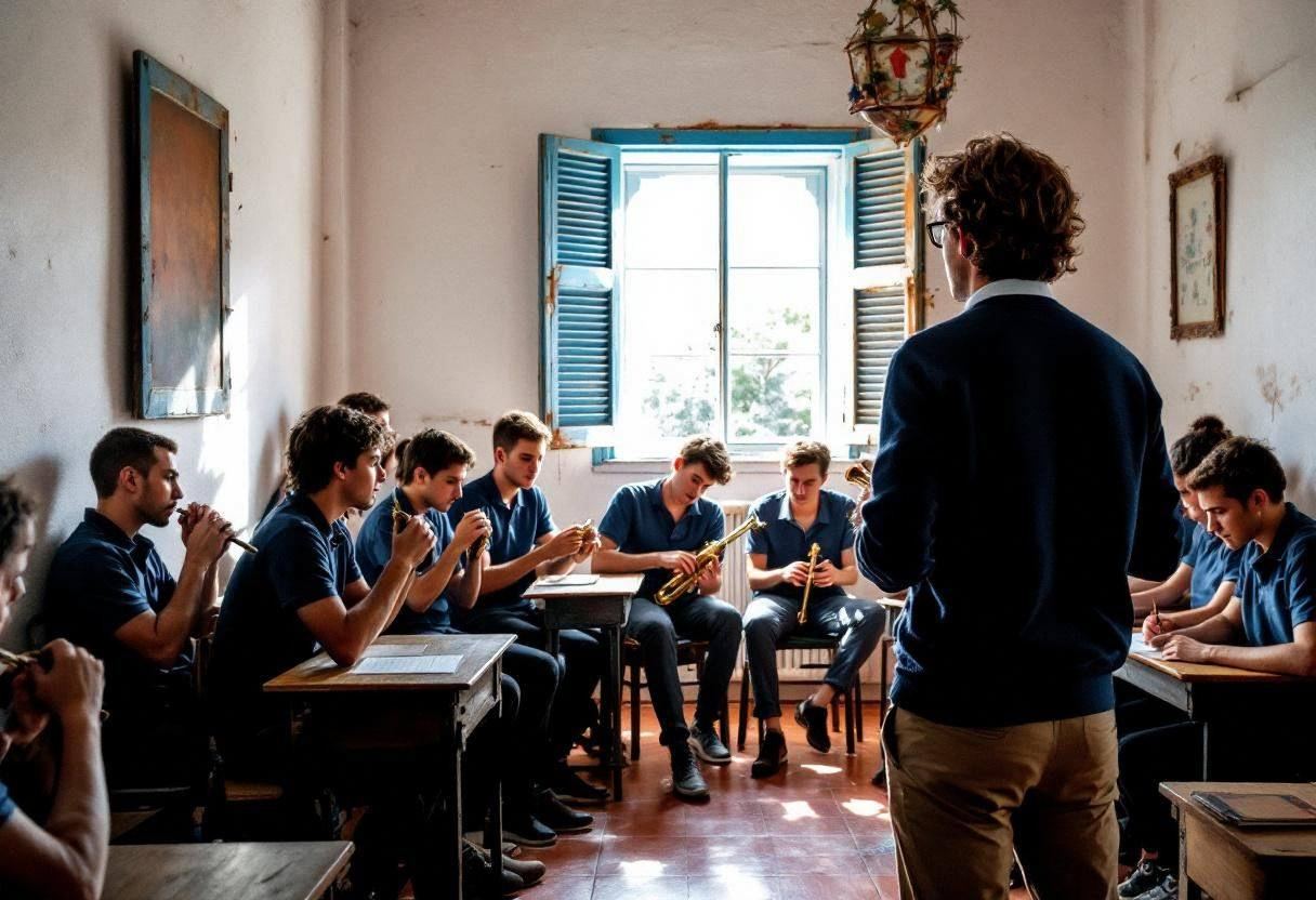 Portuguese music teacher in a navy cardigan and khaki trousers seen from behind leading lanky teenagers ages 14 to 17 in