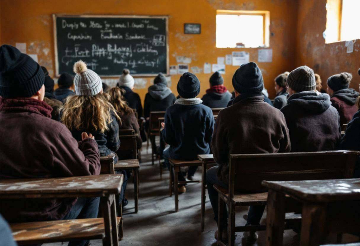 Lanky teenagers ages 14 to 17 in thick wool sweaters and knit caps singing together from behind