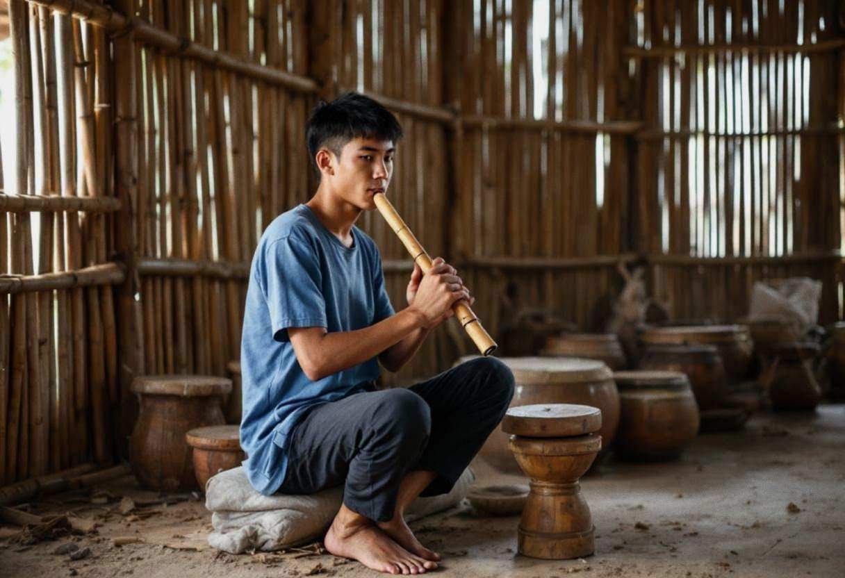 One lanky fifteen-year-old boy in a faded blue cotton t-shirt and dark trousers playing wooden bamboo flute