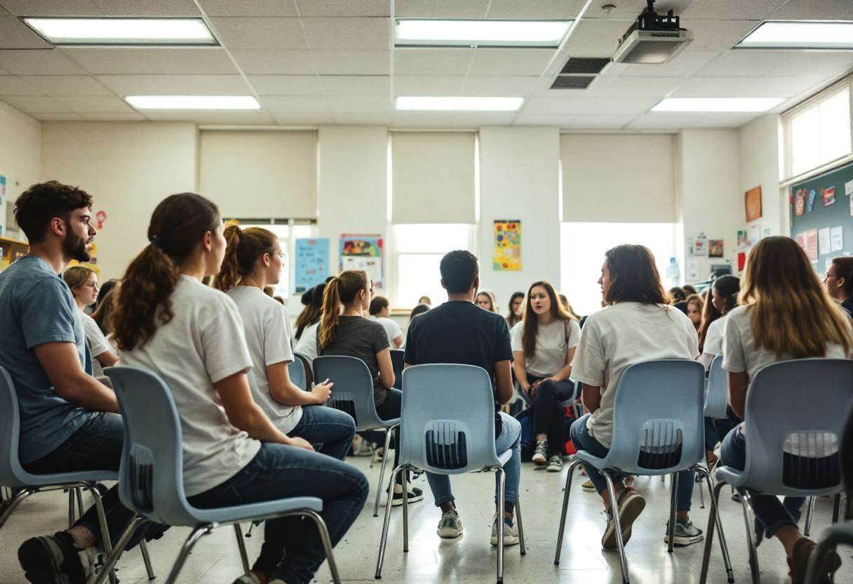 Lanky teenagers ages 14 to 17 in casual t-shirts and jeans sitting in mixed plastic chairs