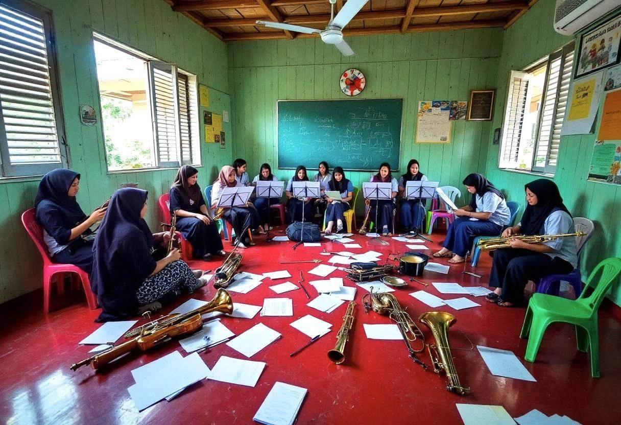 Musical instruments and sheet music scattered across red concrete floor in a Filipino classroom with pale green wooden p