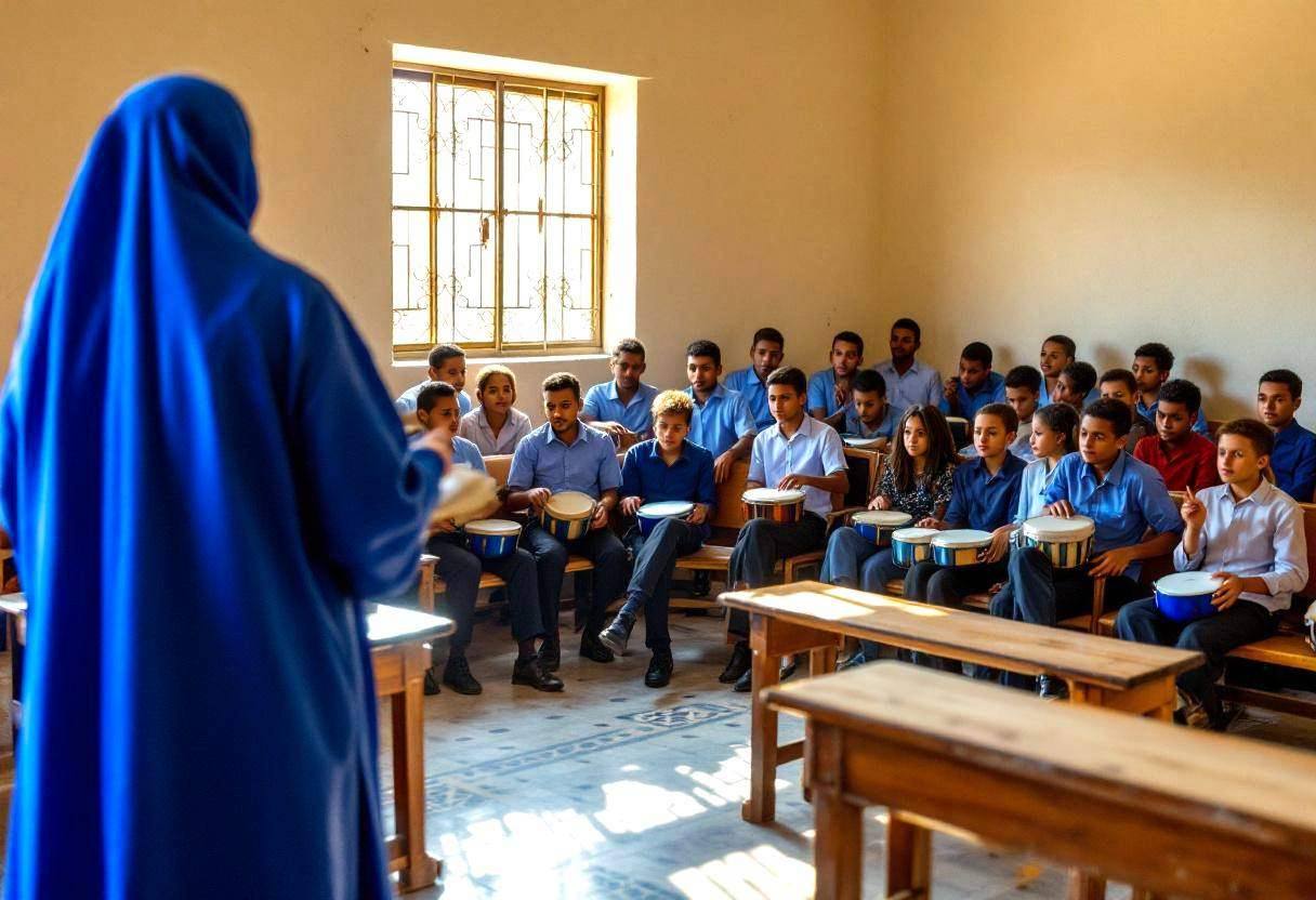 A middle school music teacher in a flowing blue djellaba seen from behind leads ten to thirteen-year-old students in but