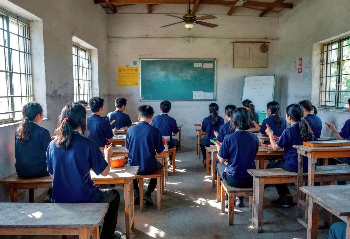 Twelve preteen Chinese students ages 10-13 in navy blue uniform shirts and dark trousers sitting on plain wooden benches