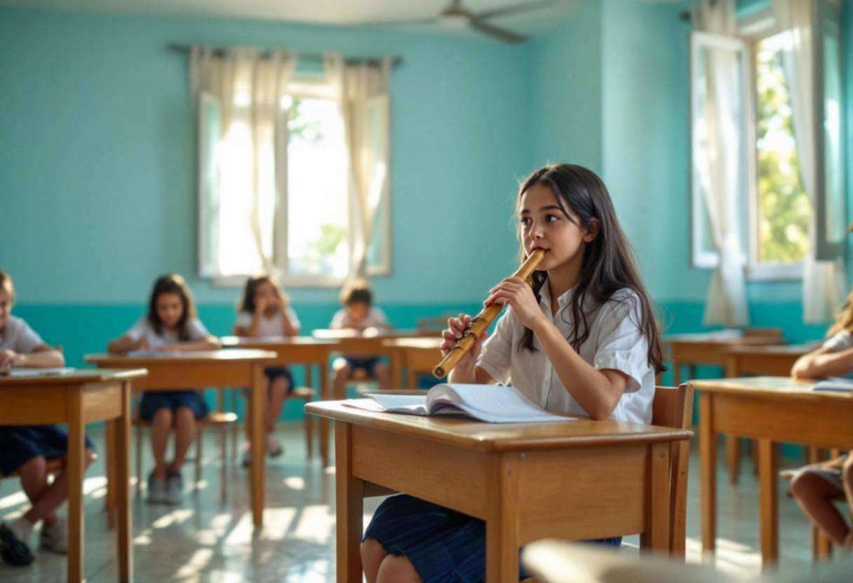 One preteen girl with dark hair in a white cotton blouse and navy skirt