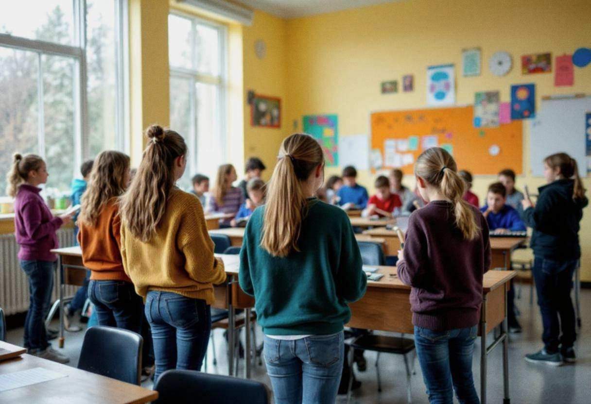 Middle-school-age preteens ages 10-13 in colorful sweaters and jeans holding various percussion instruments and recorder