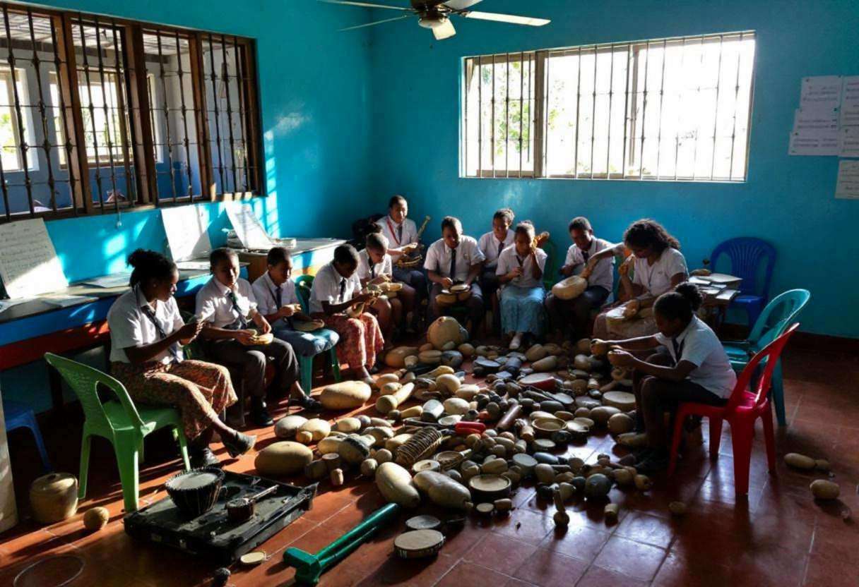 Musical instruments and handmade shakers scattered across terracotta tile floor in Dominican Republic classroom with bri