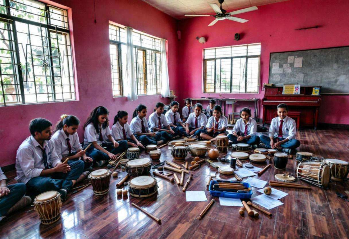 Various musical instruments scattered across a wood-look tile floor including hand drums