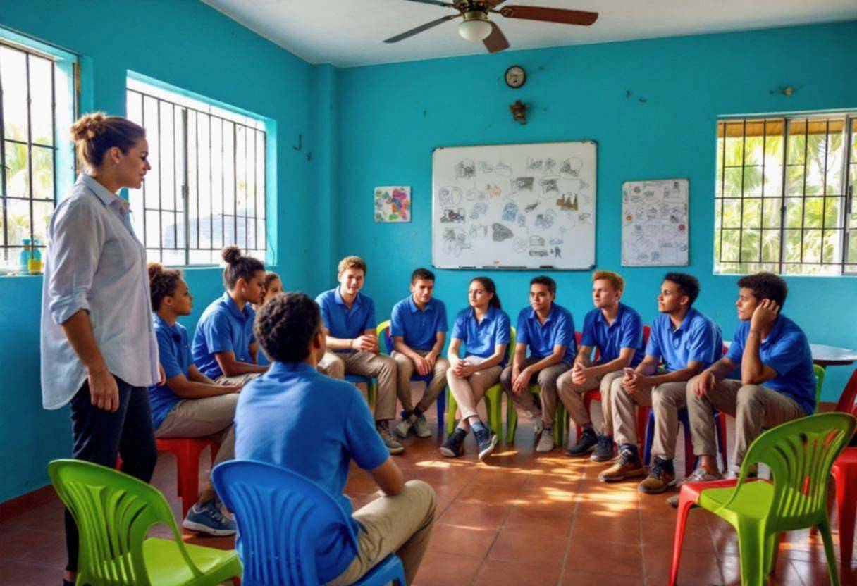 A Dominican teacher in a white cotton blouse and dark slacks leads lanky fourteen to seventeen-year-olds in blue polo sh