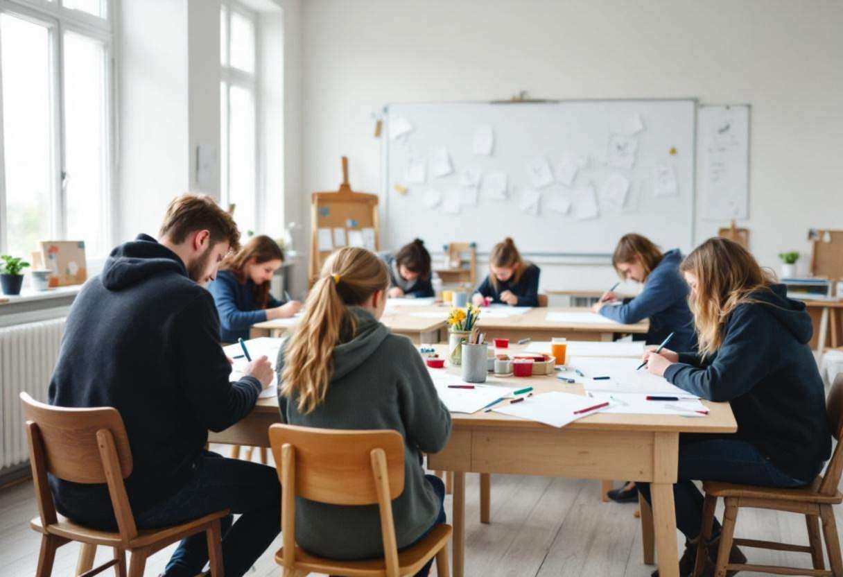 Lanky fifteen and sixteen-year-olds in dark jeans and wool sweaters working on large paper sheets spread across mismatch