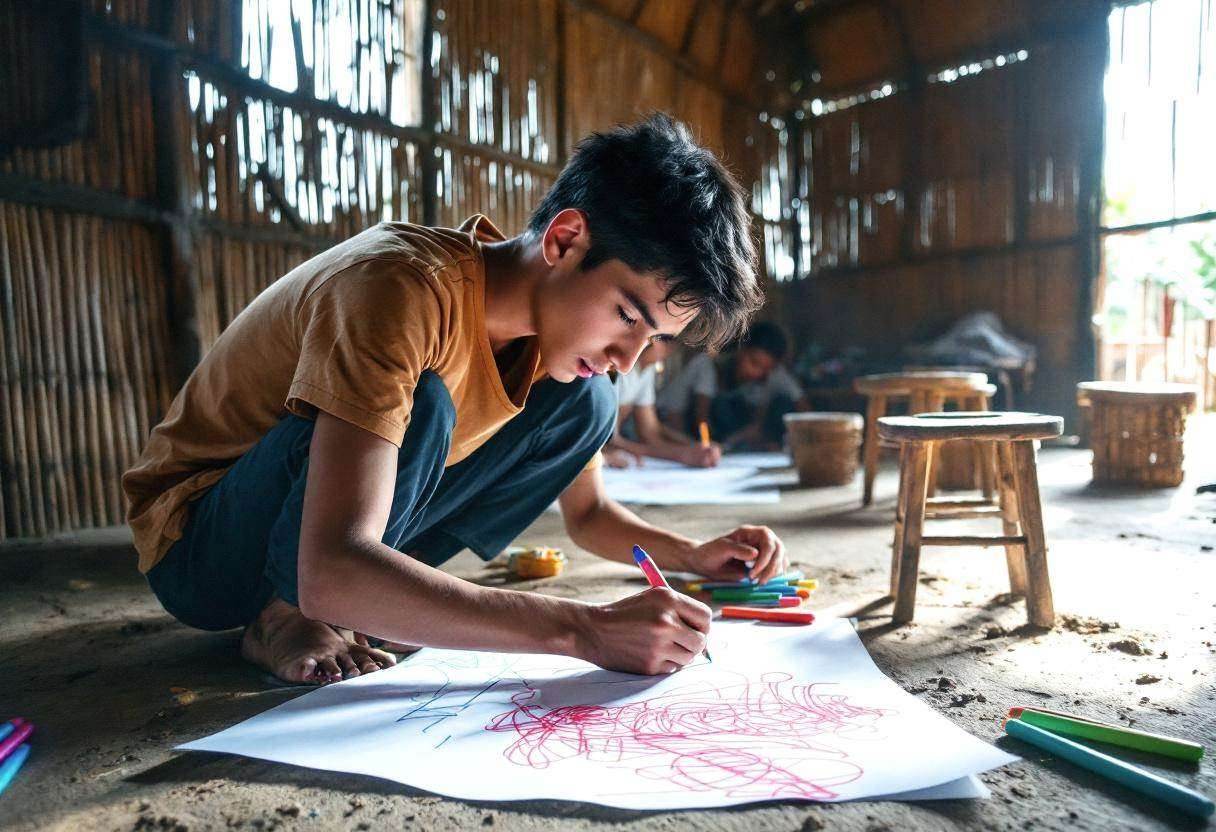 A lanky sixteen-year-old in a faded cotton t-shirt and dark trousers crouches over a large sheet of paper on the packed-