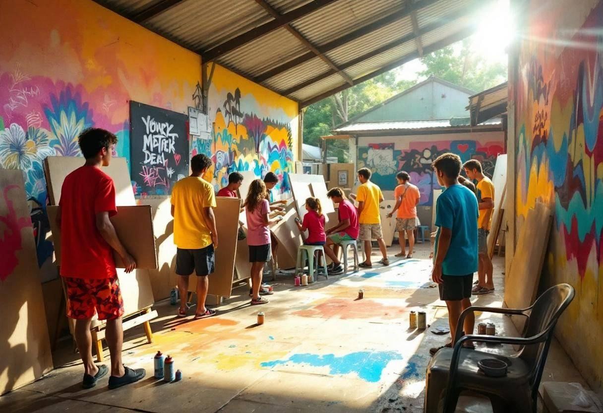 Lanky teenagers ages 14 to 17 in bright cotton t-shirts and long shorts working on large cardboard pieces with spray pai