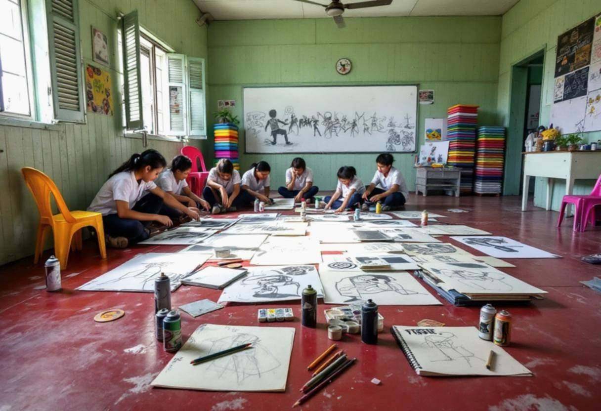 Street art supplies and sketching materials scattered across a red concrete classroom floor