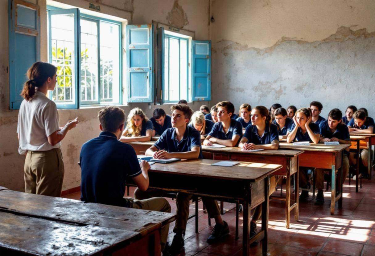 Lanky teenagers ages 14 to 17 in navy polo shirts and khaki trousers scattered around worn wooden desks