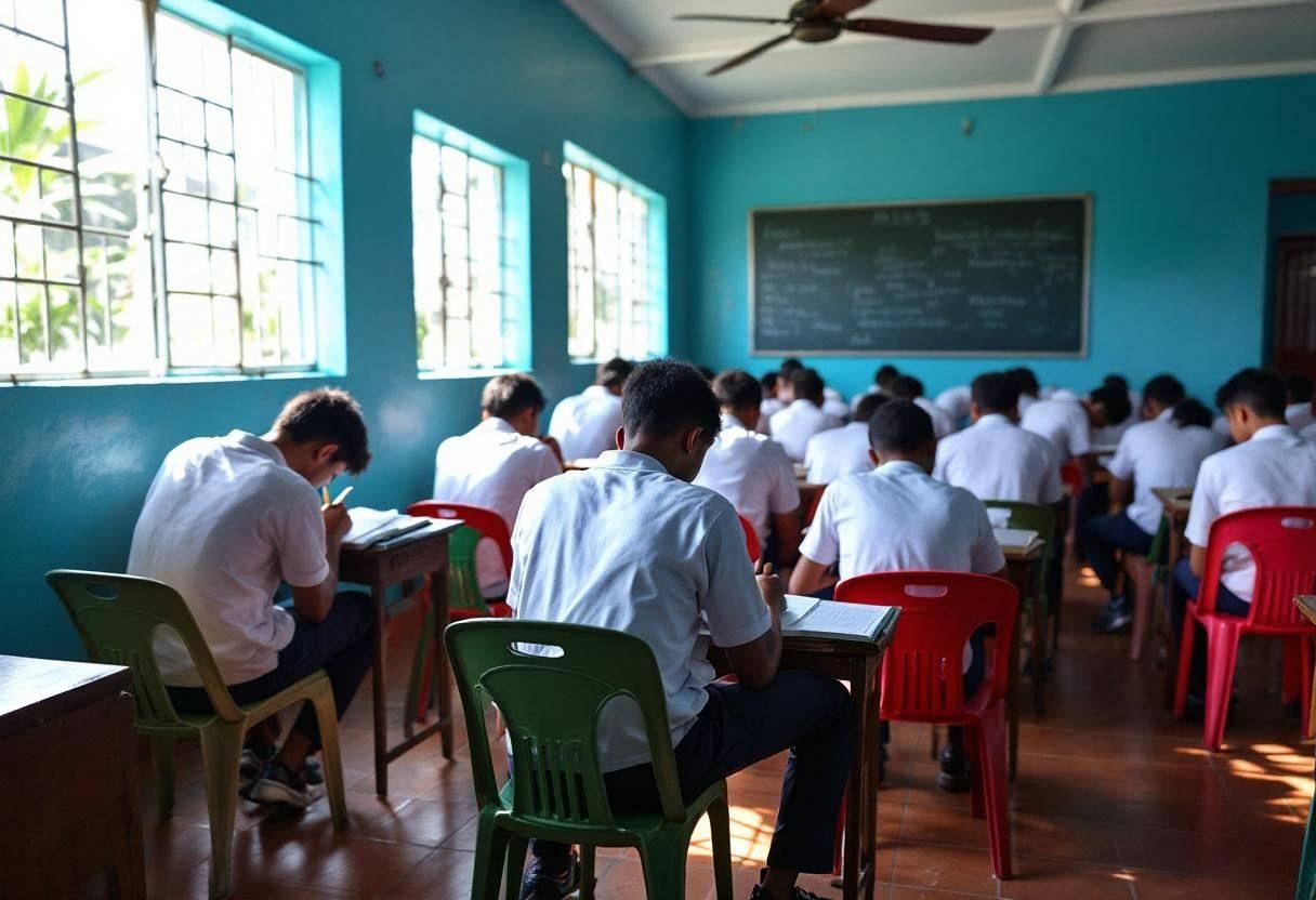 Lanky fourteen to seventeen-year-olds in white polo shirts and navy trousers hunched over notebooks writing flash fictio