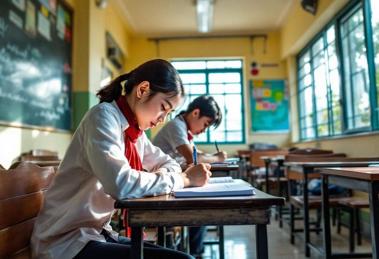 Lanky sixteen-year-old Vietnamese student in white button-down shirt and red scarf leaning over wooden desk writing in n